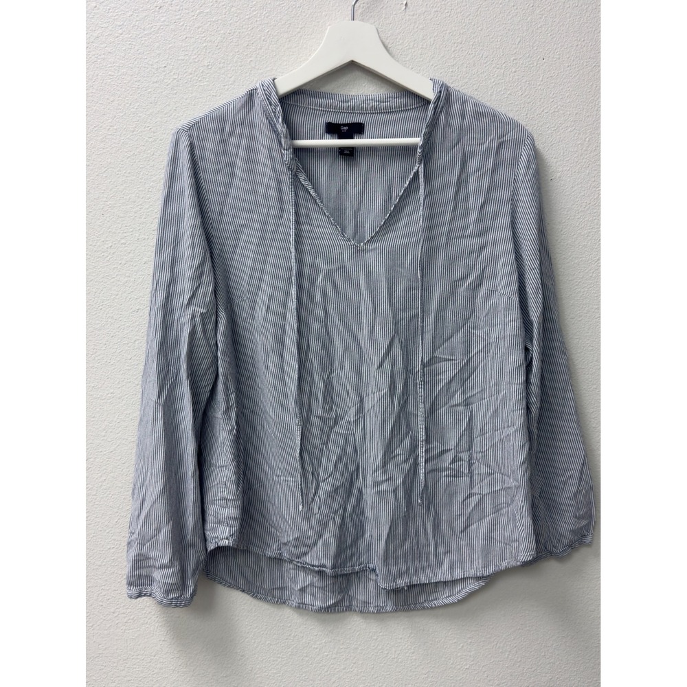 Gap Striped V-Neck Tie Blouse Womens L Blue White Long Sleeve Coastal Office